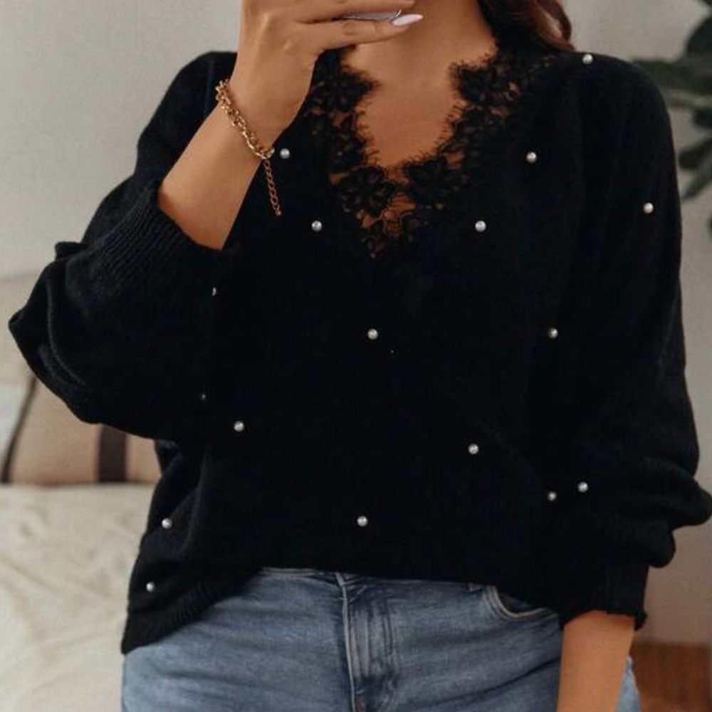 Cozy V neck Eyelash Lace Faux Pearl Sweater Top